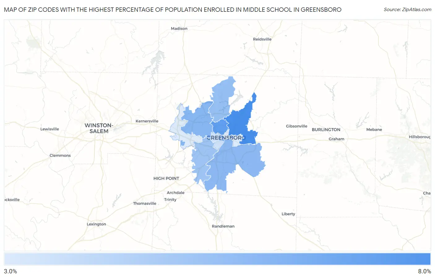 Zip Codes with the Highest Percentage of Population Enrolled in Middle School in Greensboro Map