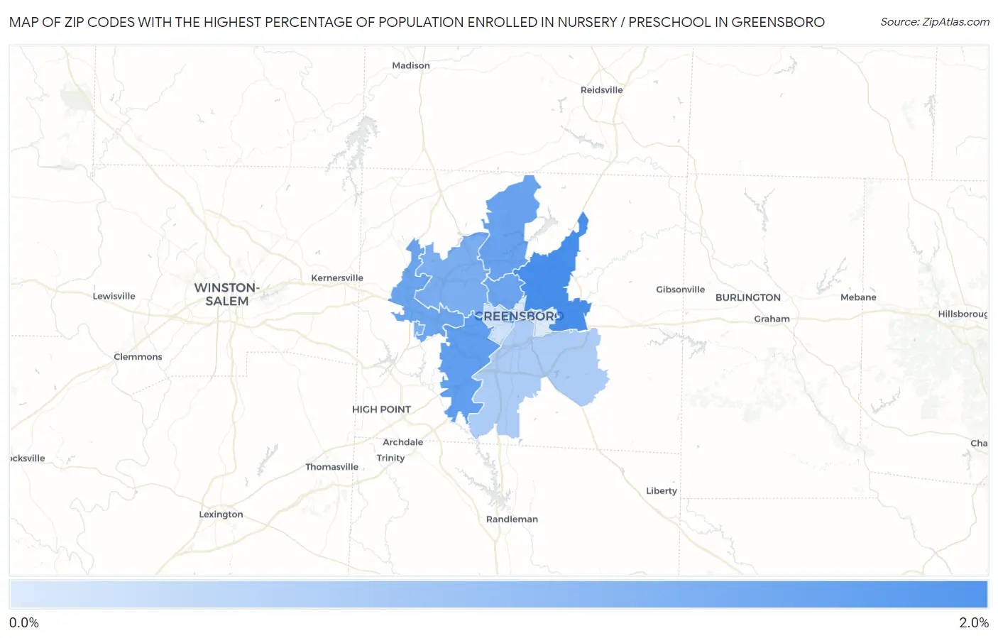 Zip Codes with the Highest Percentage of Population Enrolled in Nursery / Preschool in Greensboro Map