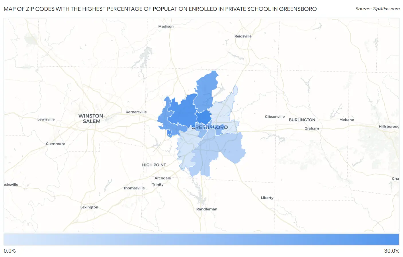 Zip Codes with the Highest Percentage of Population Enrolled in Private School in Greensboro Map