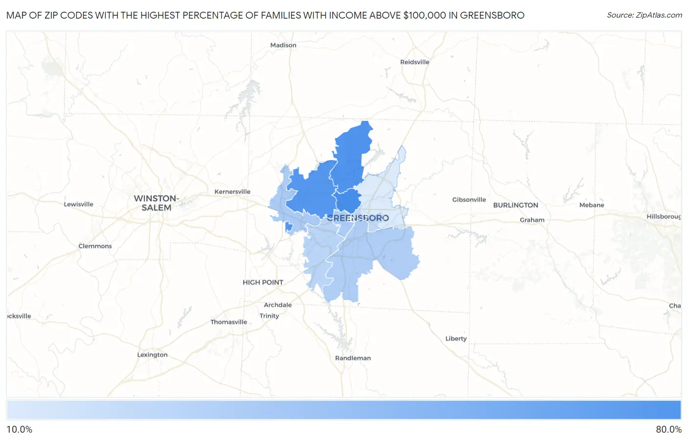 Zip Codes with the Highest Percentage of Families with Income Above $100,000 in Greensboro Map