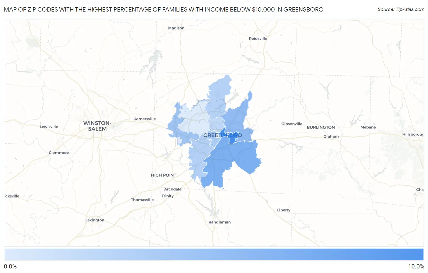 Zip Codes with the Highest Percentage of Families with Income Below $10,000 in Greensboro Map