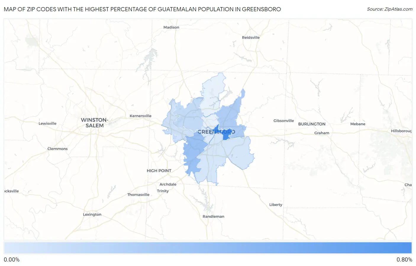 Zip Codes with the Highest Percentage of Guatemalan Population in Greensboro Map