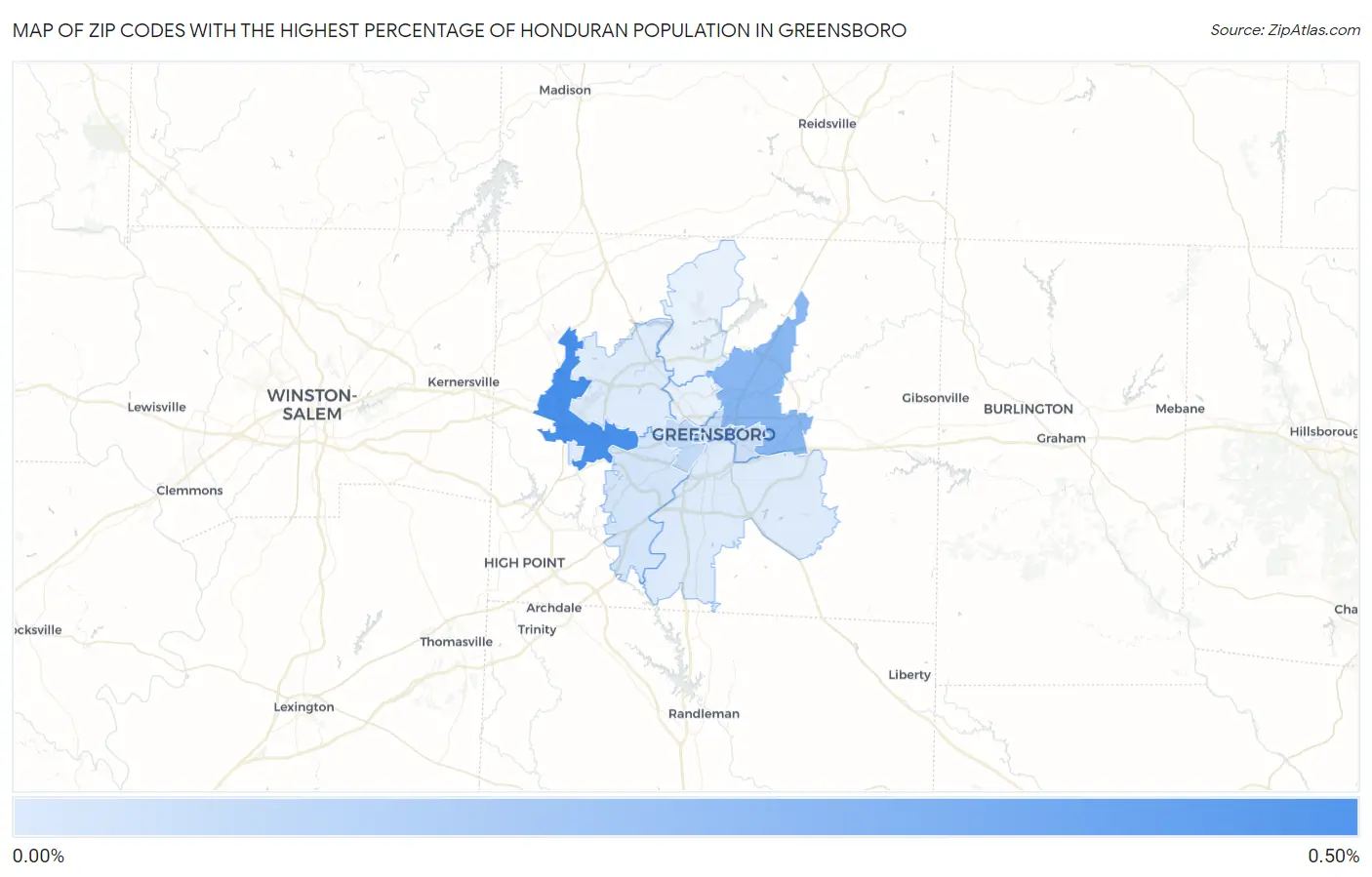 Zip Codes with the Highest Percentage of Honduran Population in Greensboro Map