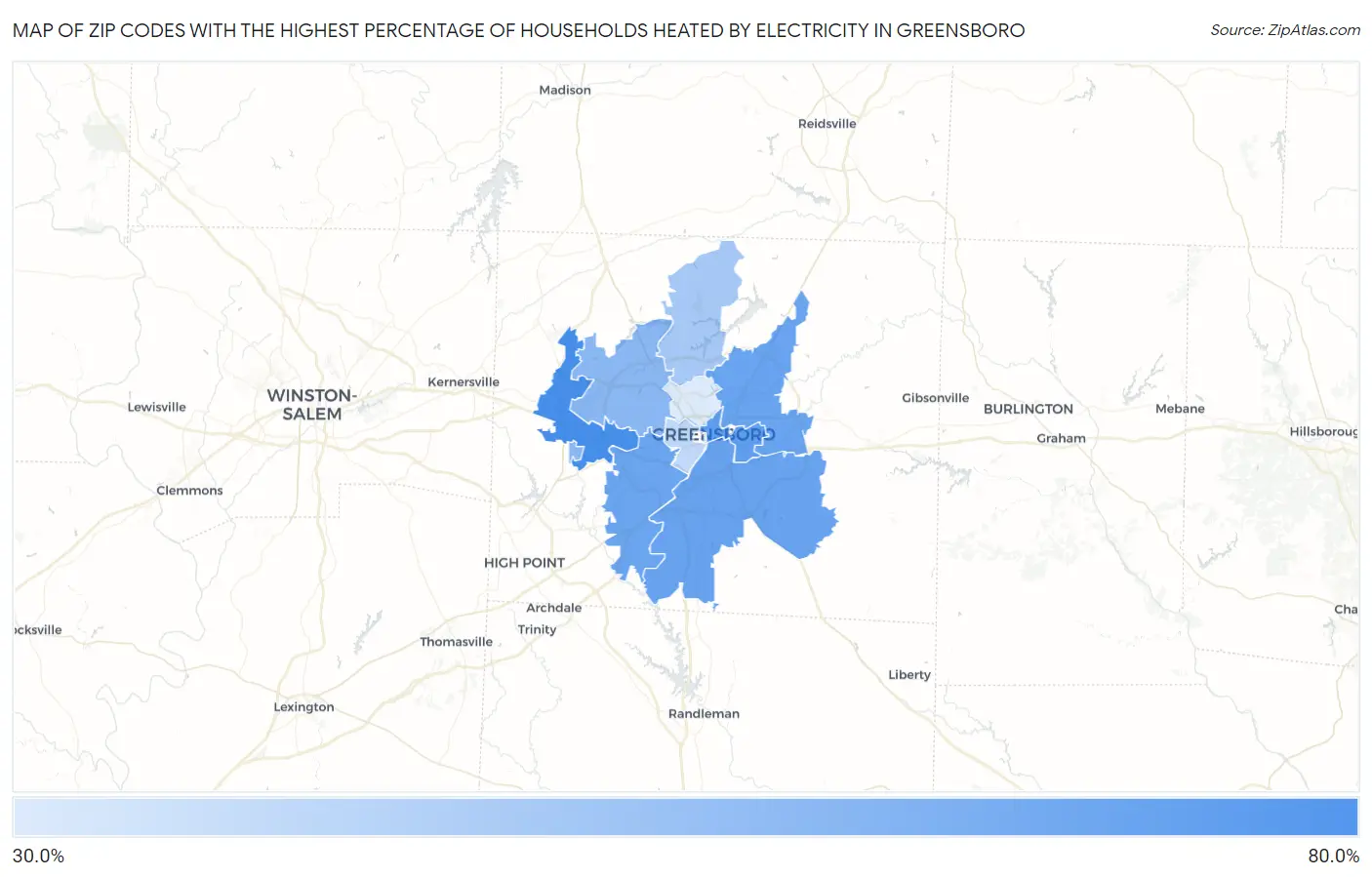 Zip Codes with the Highest Percentage of Households Heated by Electricity in Greensboro Map