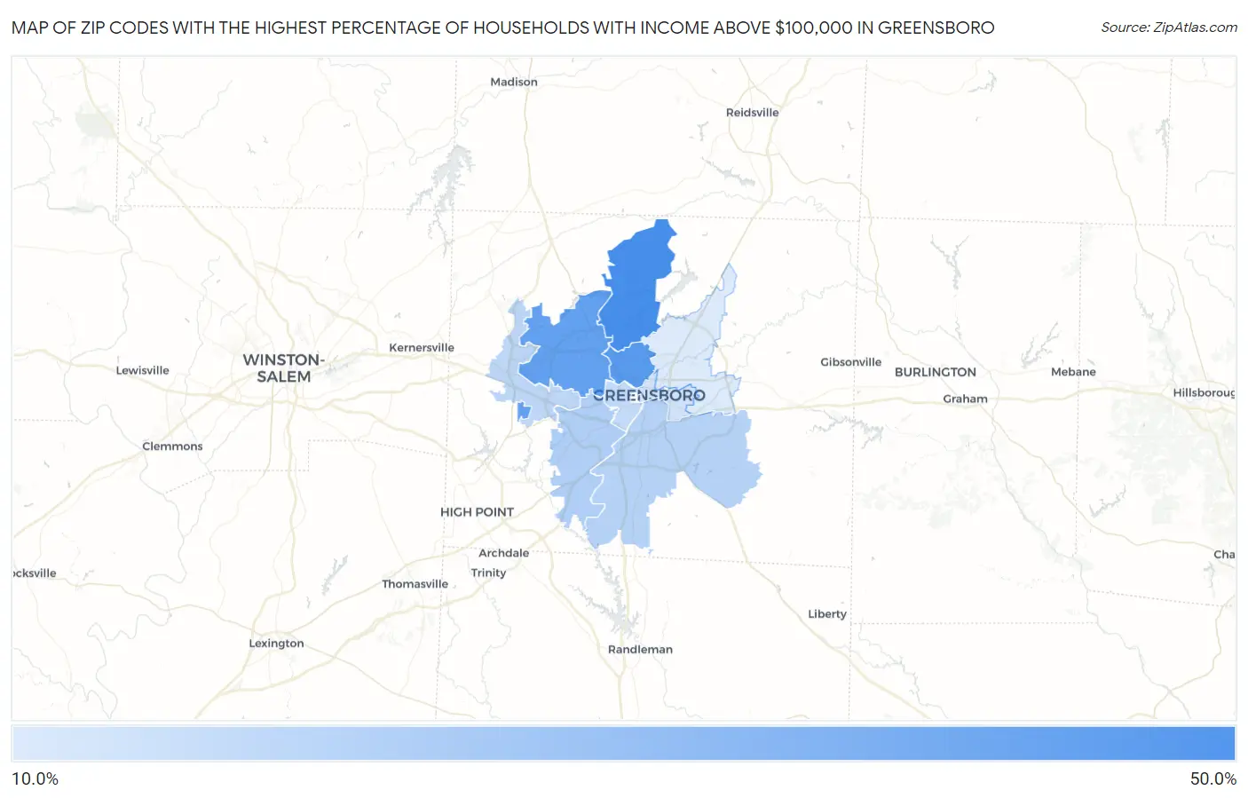 Zip Codes with the Highest Percentage of Households with Income Above $100,000 in Greensboro Map