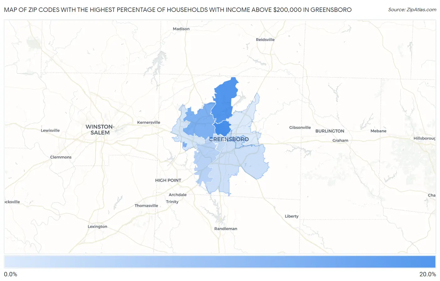 Zip Codes with the Highest Percentage of Households with Income Above $200,000 in Greensboro Map