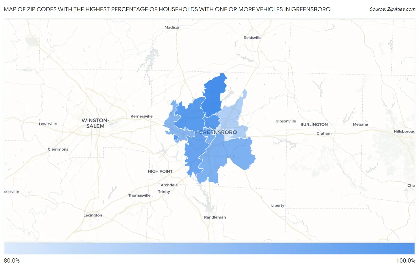 Zip Codes with the Highest Percentage of Households With One or more Vehicles in Greensboro Map