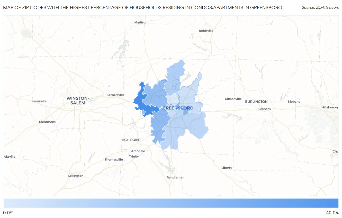 Zip Codes with the Highest Percentage of Households Residing in Condos/Apartments in Greensboro Map