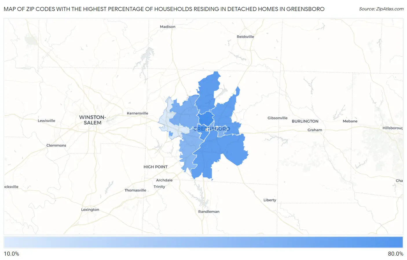 Zip Codes with the Highest Percentage of Households Residing in Detached Homes in Greensboro Map