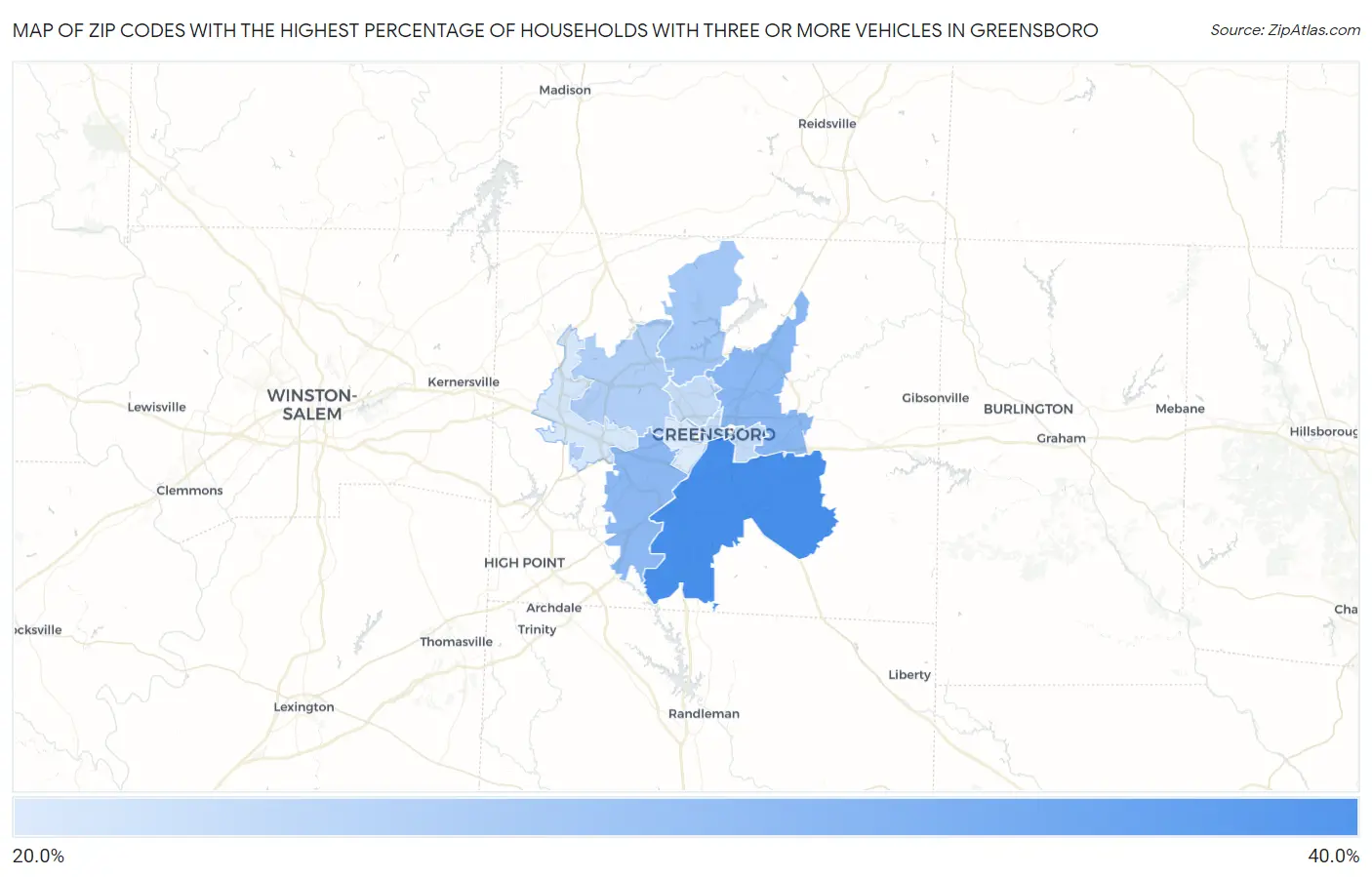 Zip Codes with the Highest Percentage of Households With Three or more Vehicles in Greensboro Map