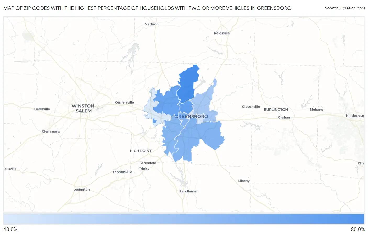 Zip Codes with the Highest Percentage of Households With Two or more Vehicles in Greensboro Map