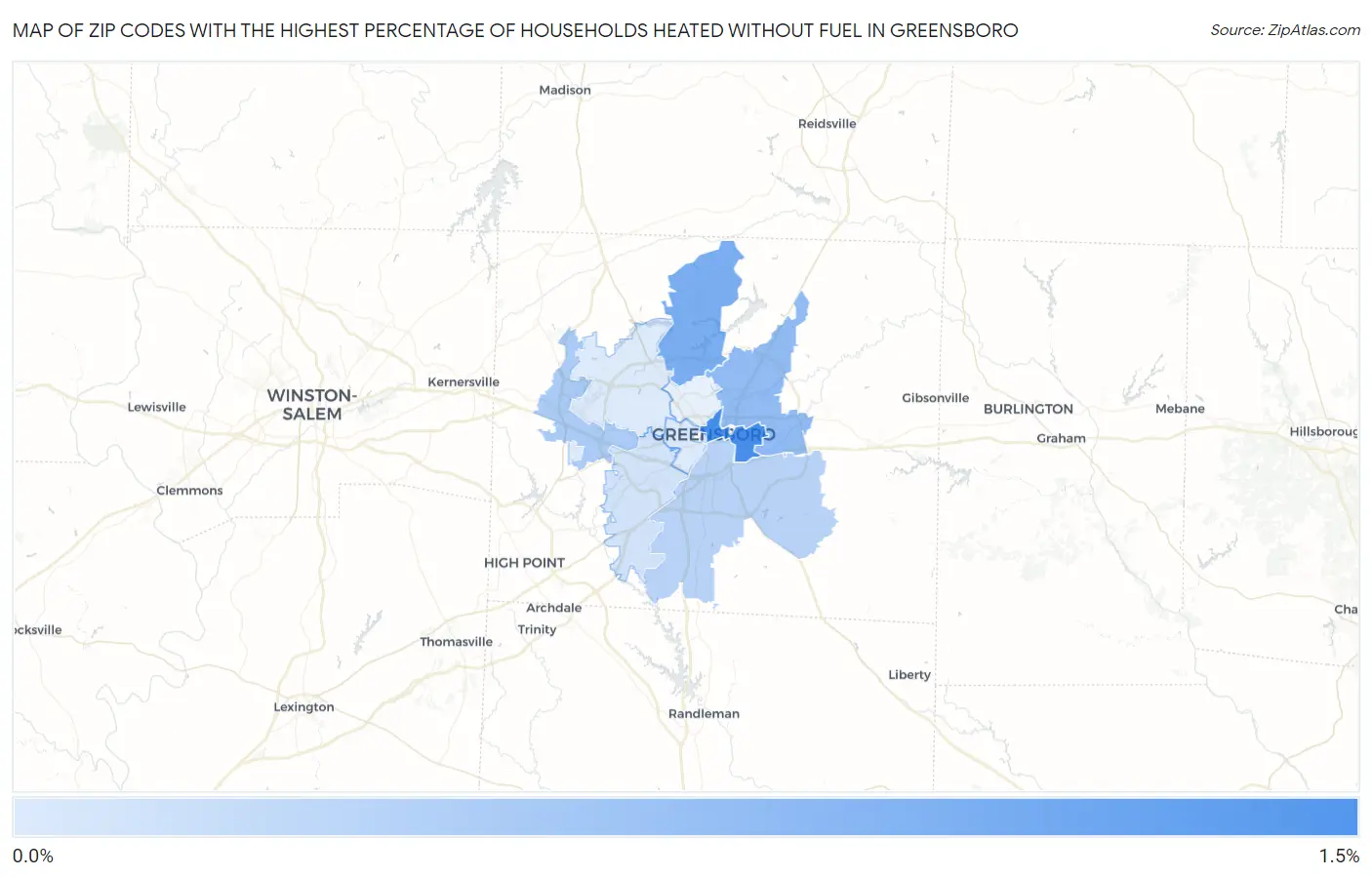 Zip Codes with the Highest Percentage of Households Heated without Fuel in Greensboro Map