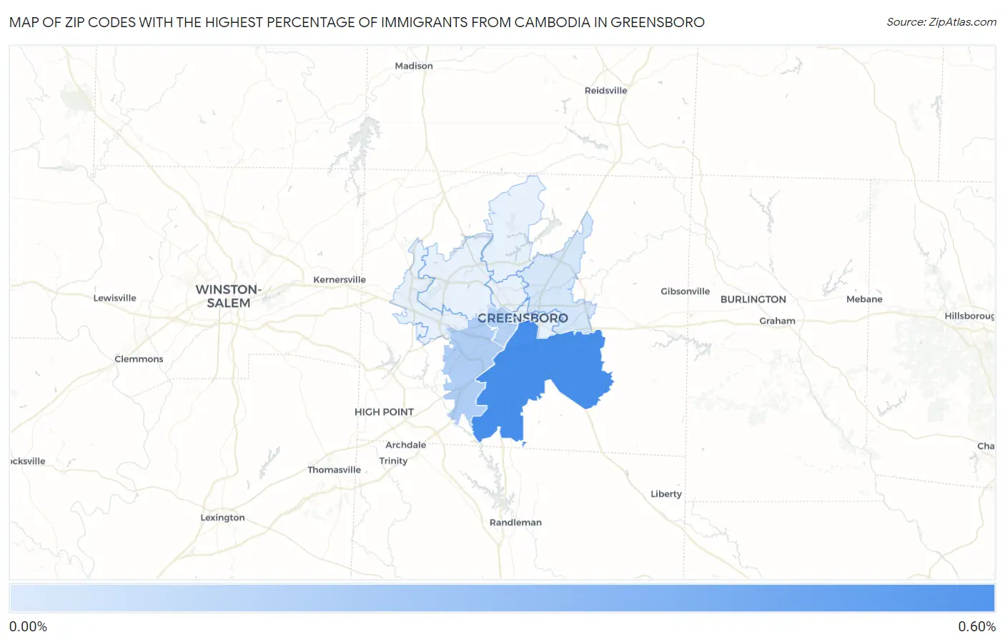 Zip Codes with the Highest Percentage of Immigrants from Cambodia in Greensboro Map