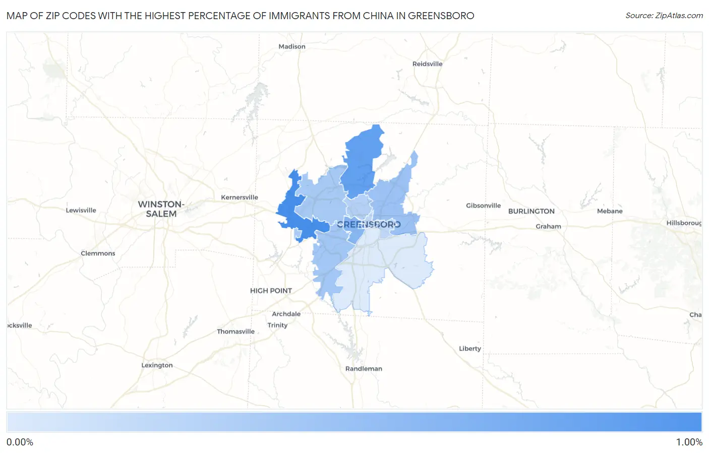 Zip Codes with the Highest Percentage of Immigrants from China in Greensboro Map