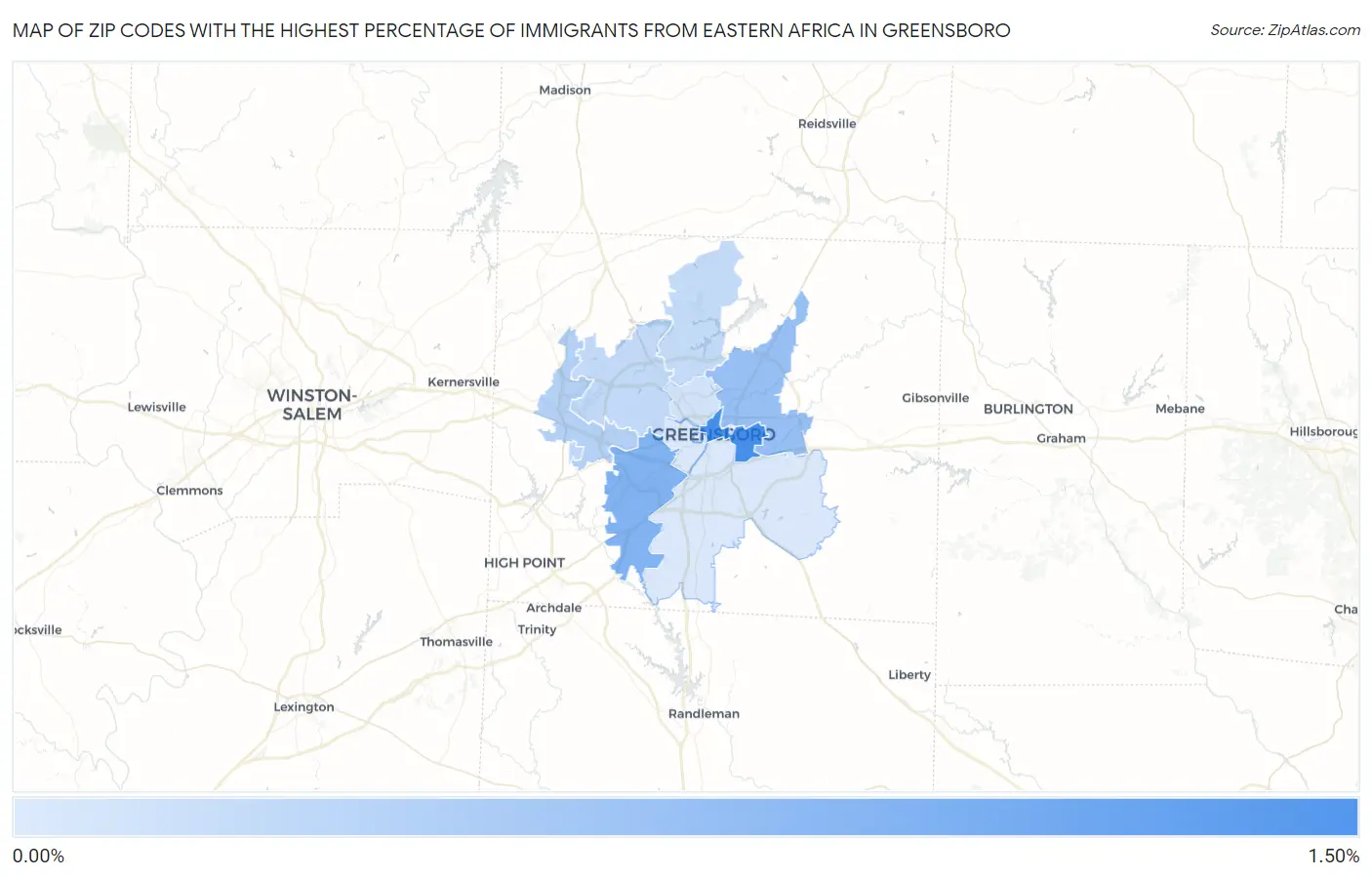 Zip Codes with the Highest Percentage of Immigrants from Eastern Africa in Greensboro Map