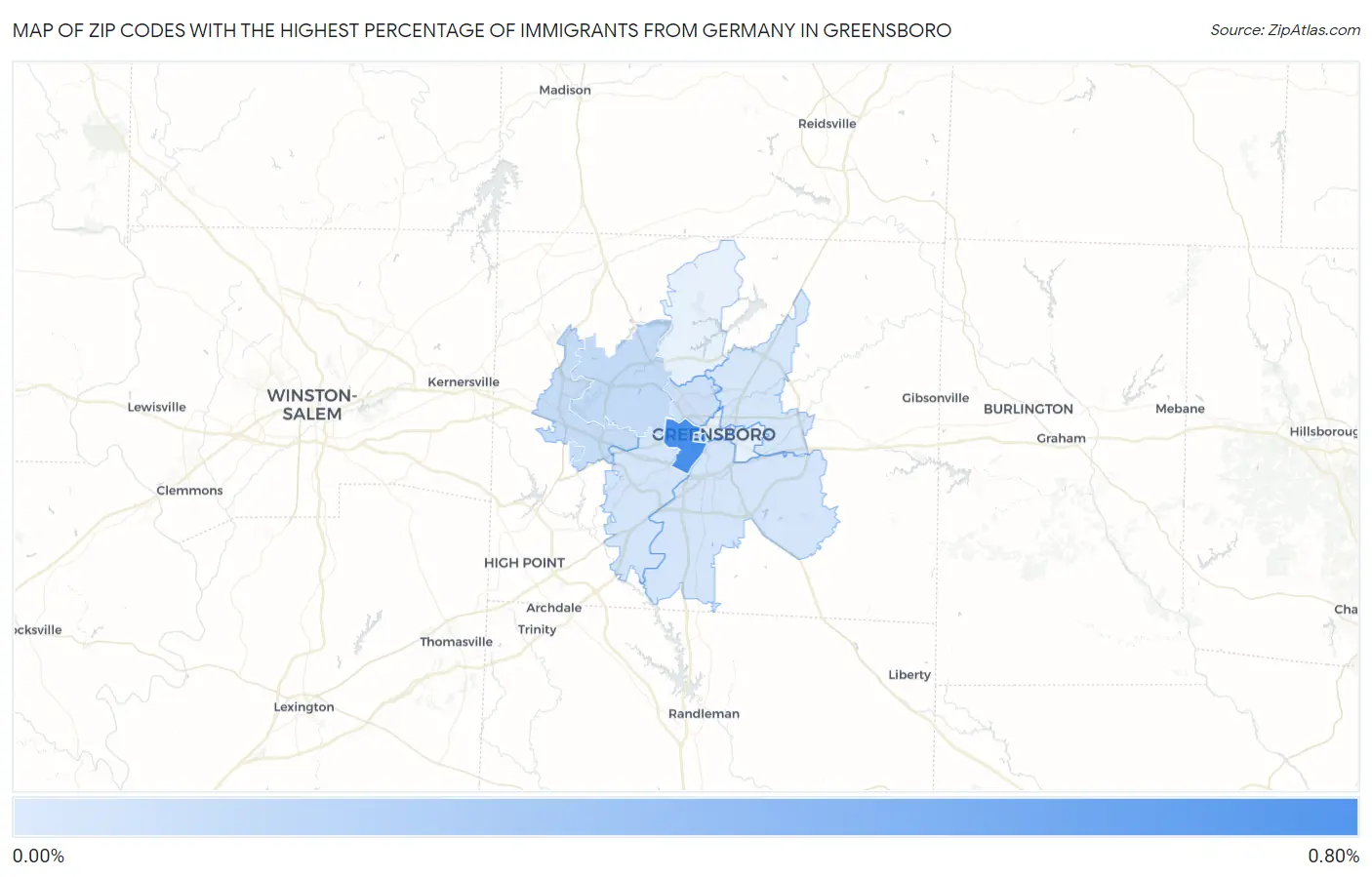 Zip Codes with the Highest Percentage of Immigrants from Germany in Greensboro Map