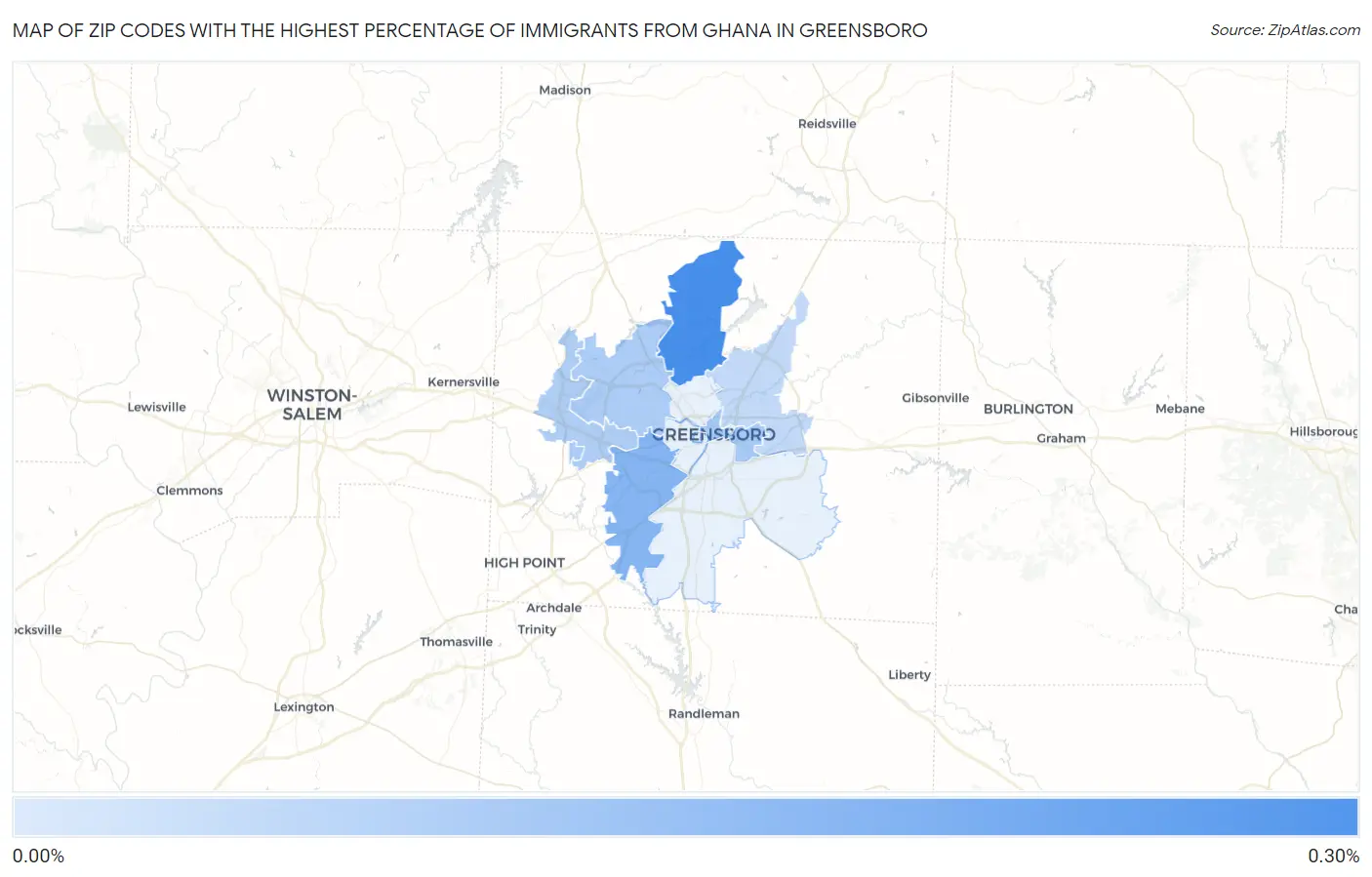 Zip Codes with the Highest Percentage of Immigrants from Ghana in Greensboro Map