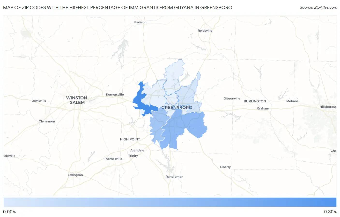 Zip Codes with the Highest Percentage of Immigrants from Guyana in Greensboro Map