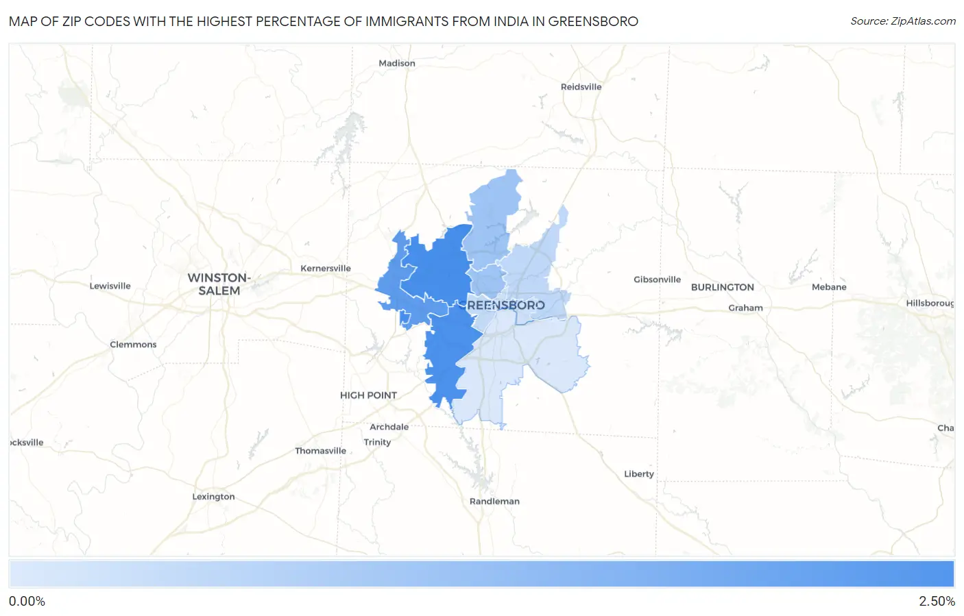 Zip Codes with the Highest Percentage of Immigrants from India in Greensboro Map