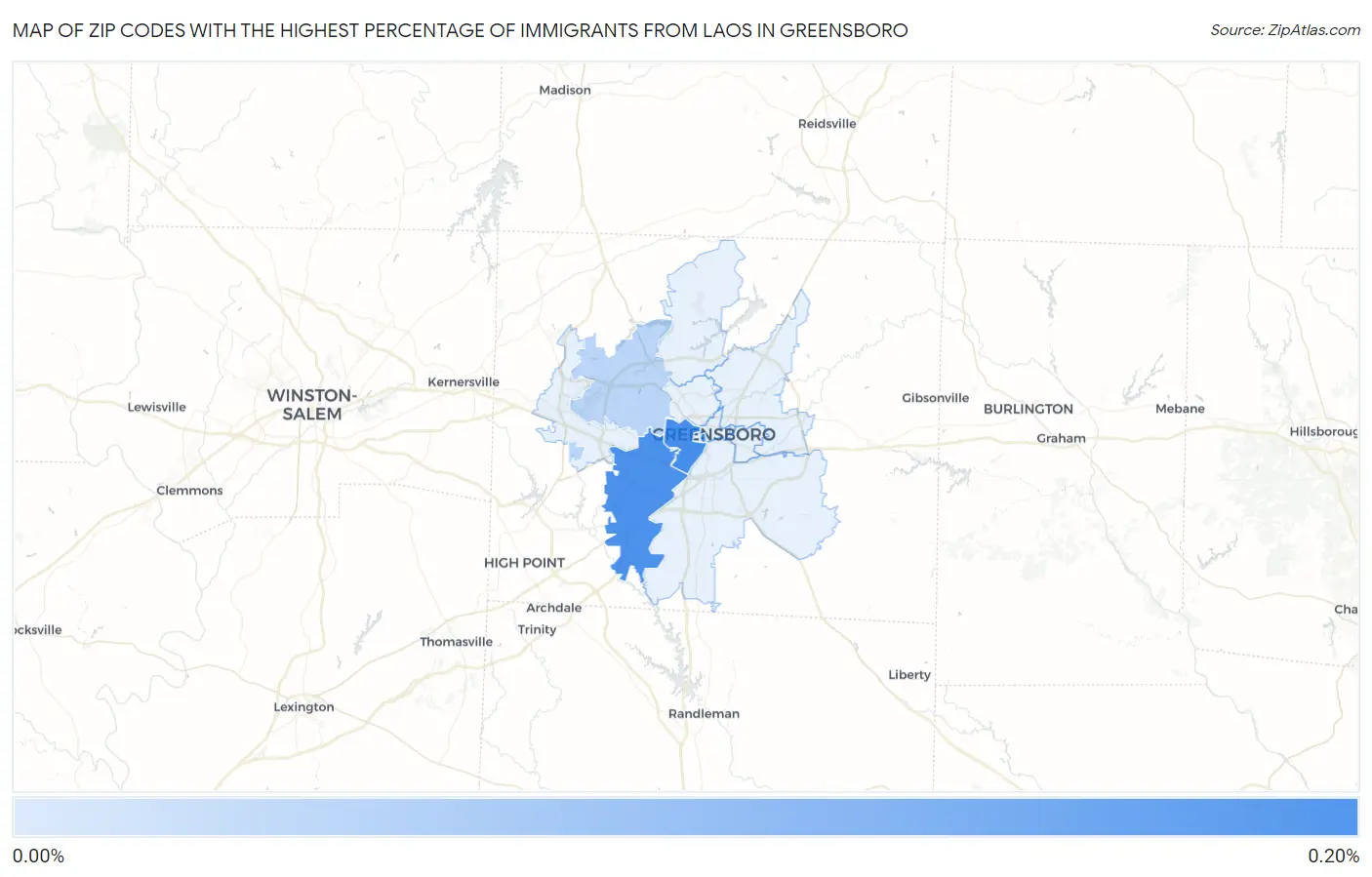 Zip Codes with the Highest Percentage of Immigrants from Laos in Greensboro Map