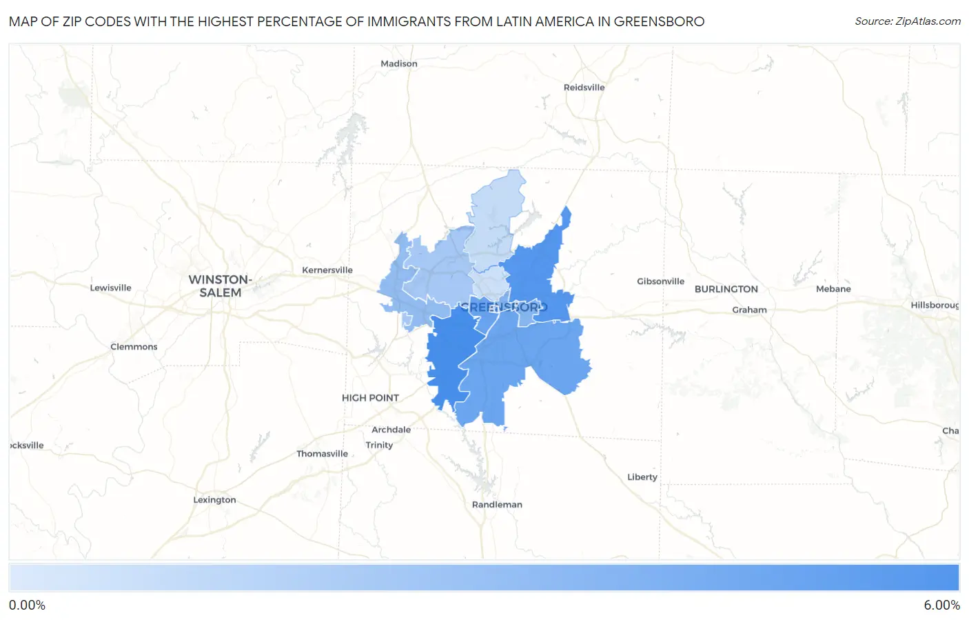 Zip Codes with the Highest Percentage of Immigrants from Latin America in Greensboro Map
