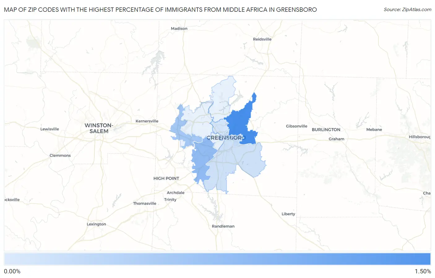 Zip Codes with the Highest Percentage of Immigrants from Middle Africa in Greensboro Map