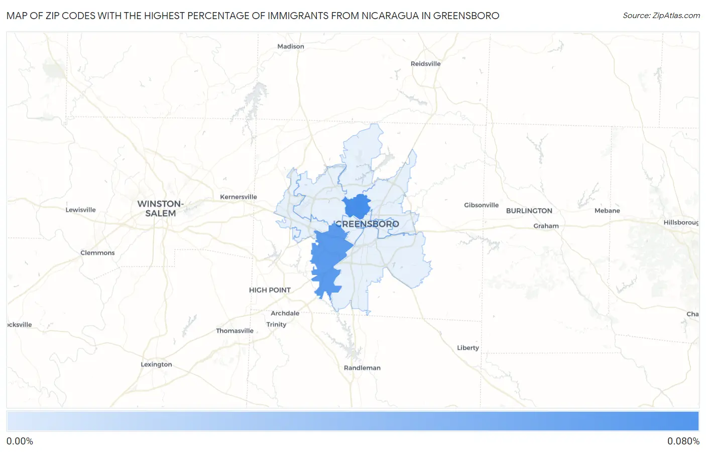 Zip Codes with the Highest Percentage of Immigrants from Nicaragua in Greensboro Map