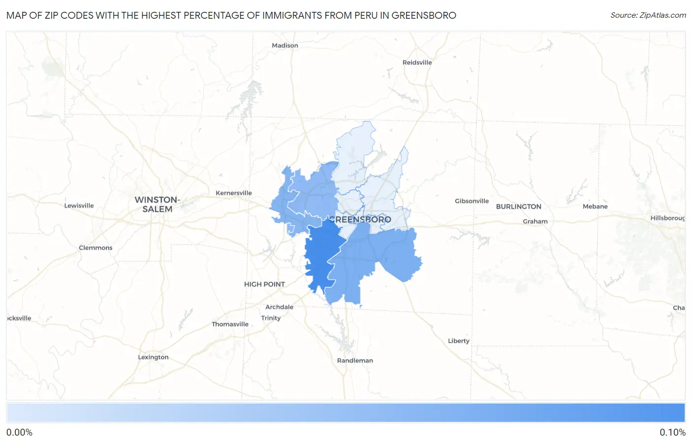 Zip Codes with the Highest Percentage of Immigrants from Peru in Greensboro Map