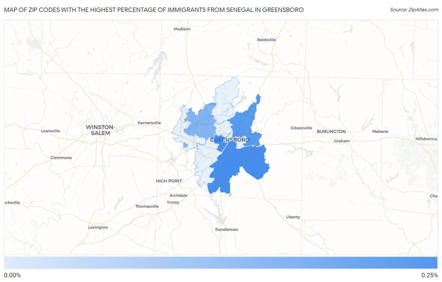 Zip Codes with the Highest Percentage of Immigrants from Senegal in Greensboro Map