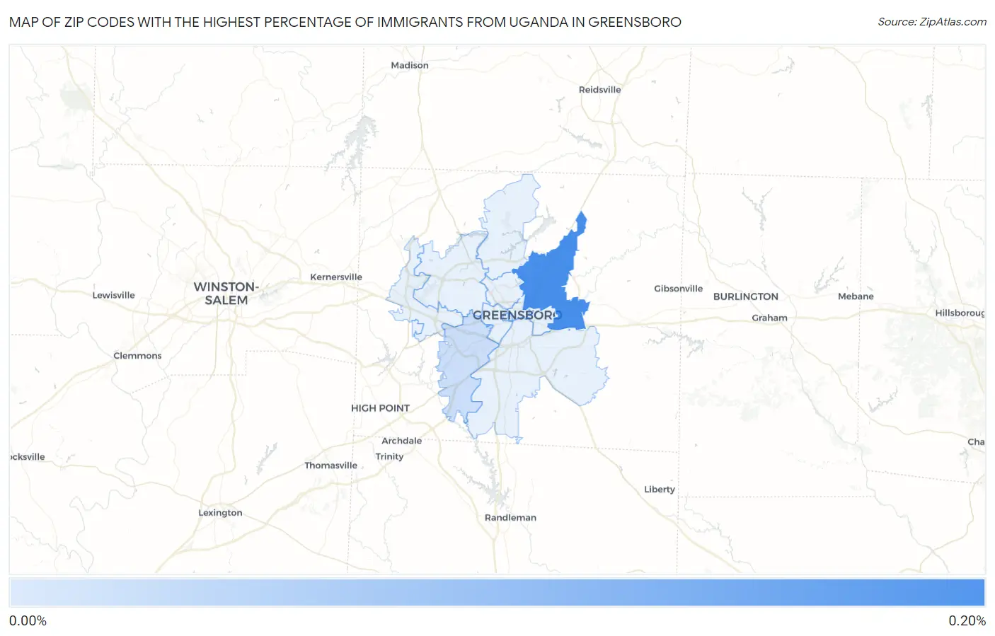 Zip Codes with the Highest Percentage of Immigrants from Uganda in Greensboro Map