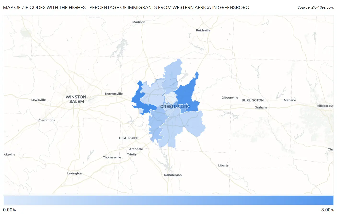 Zip Codes with the Highest Percentage of Immigrants from Western Africa in Greensboro Map