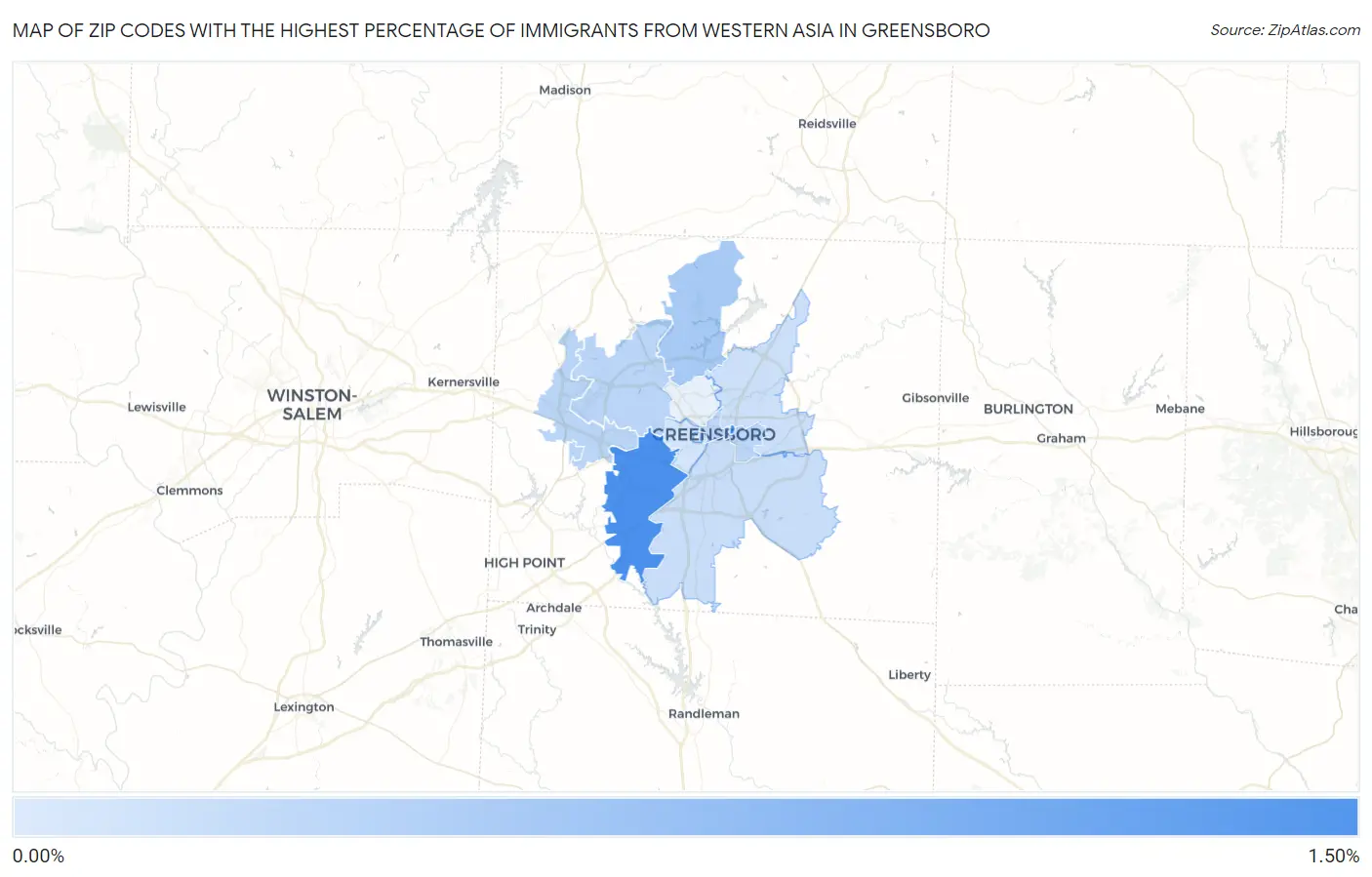 Zip Codes with the Highest Percentage of Immigrants from Western Asia in Greensboro Map