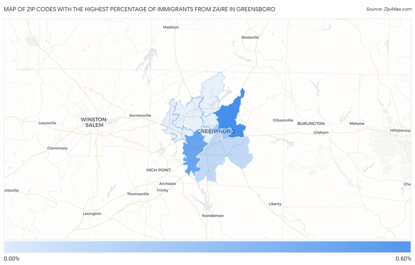 Zip Codes with the Highest Percentage of Immigrants from Zaire in Greensboro Map