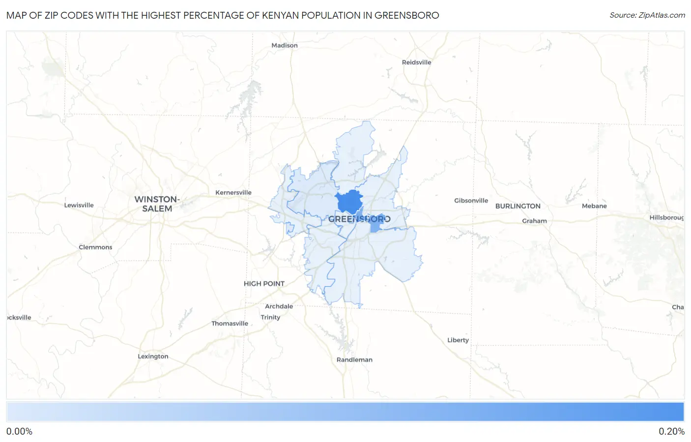 Zip Codes with the Highest Percentage of Kenyan Population in Greensboro Map