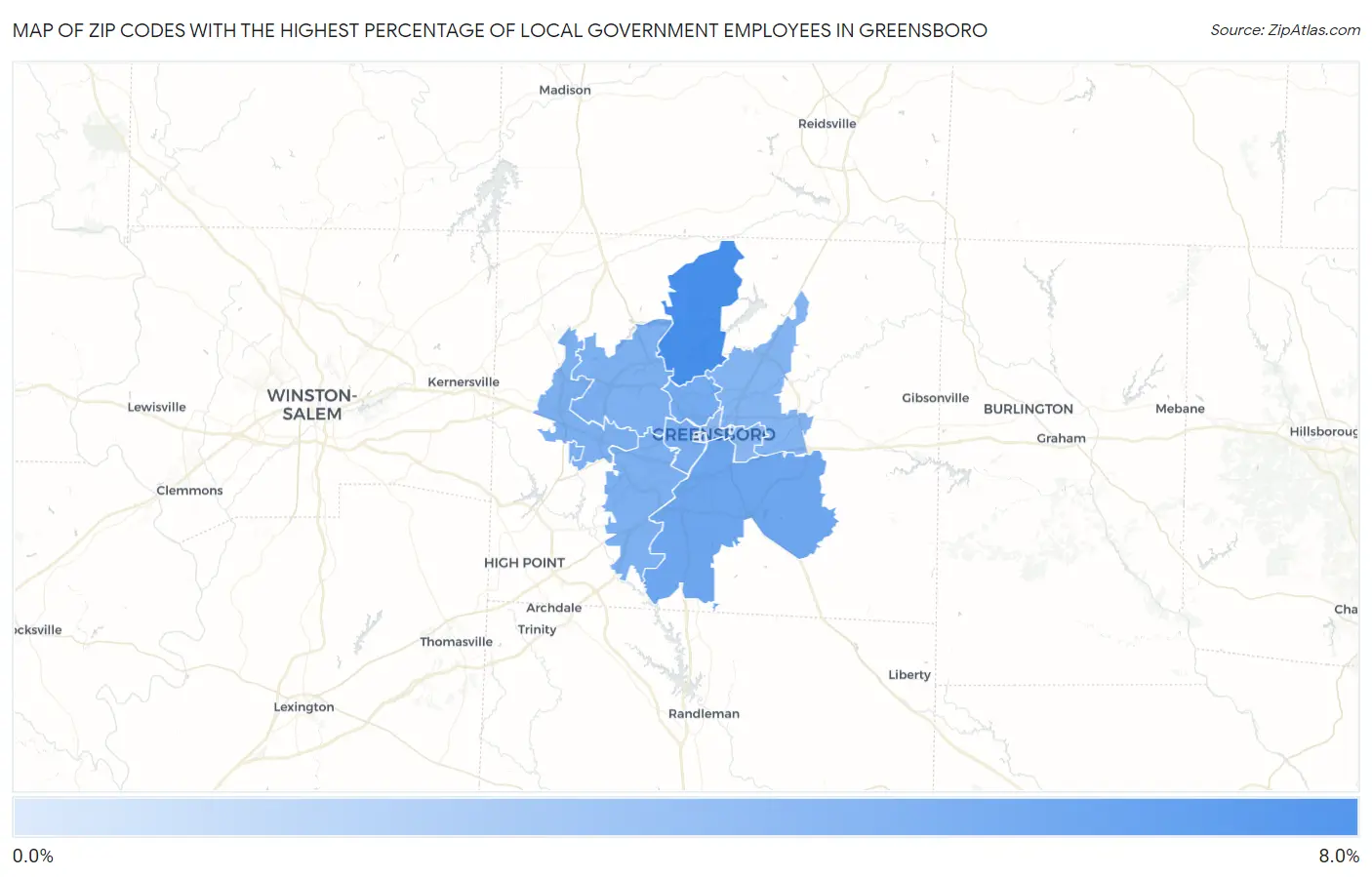 Zip Codes with the Highest Percentage of Local Government Employees in Greensboro Map