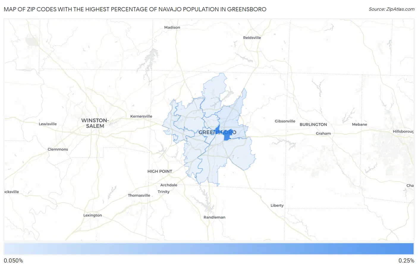 Zip Codes with the Highest Percentage of Navajo Population in Greensboro Map