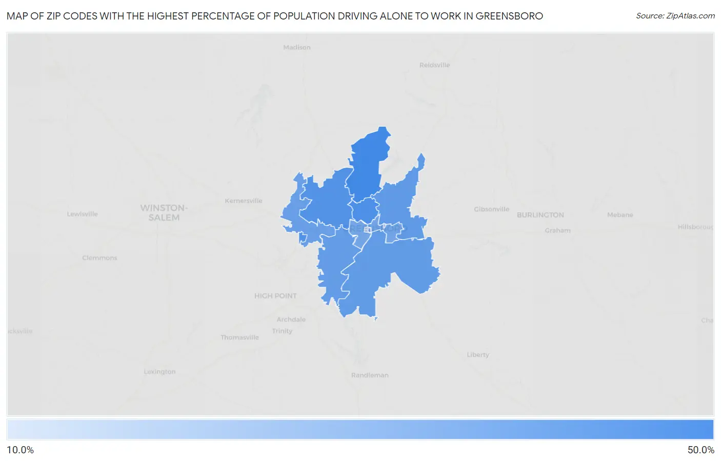 Zip Codes with the Highest Percentage of Population Driving Alone to Work in Greensboro Map