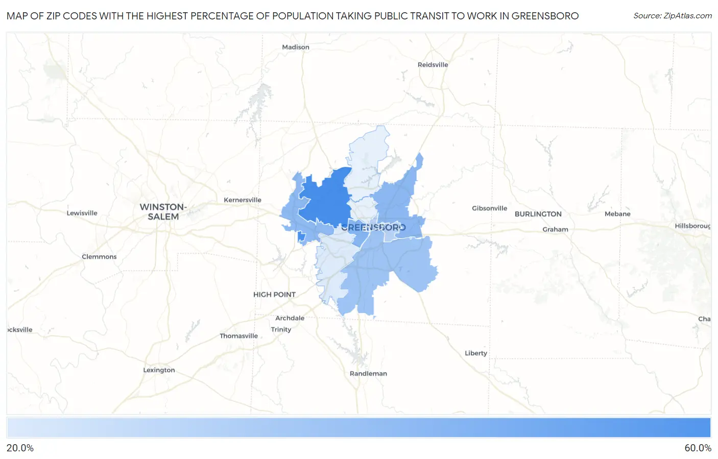 Zip Codes with the Highest Percentage of Population Taking Public Transit to Work in Greensboro Map
