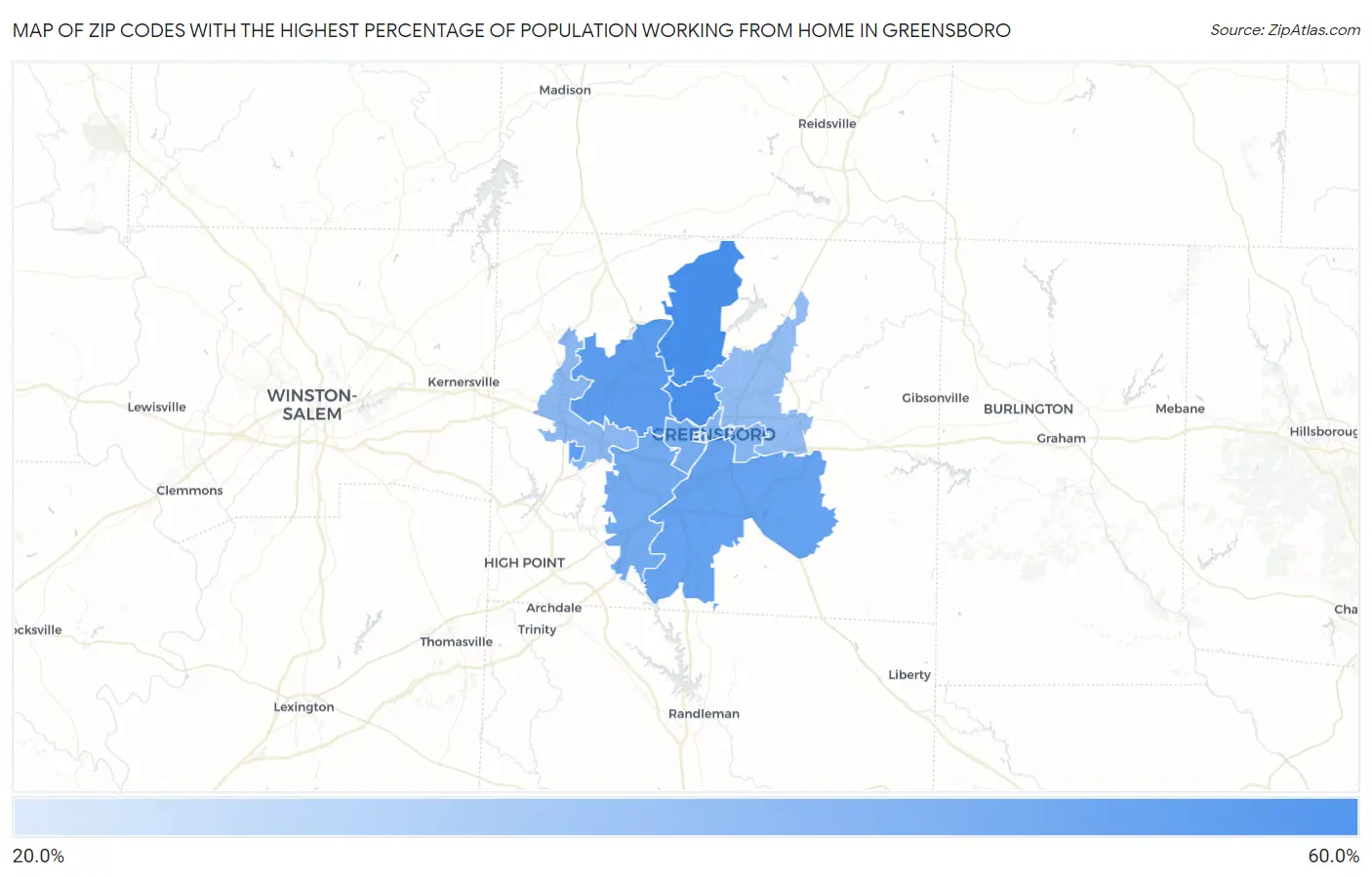 Zip Codes with the Highest Percentage of Population Working from Home in Greensboro Map