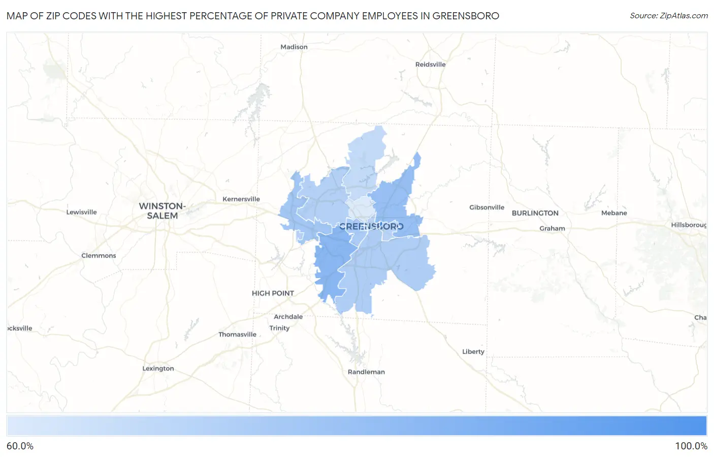 Zip Codes with the Highest Percentage of Private Company Employees in Greensboro Map