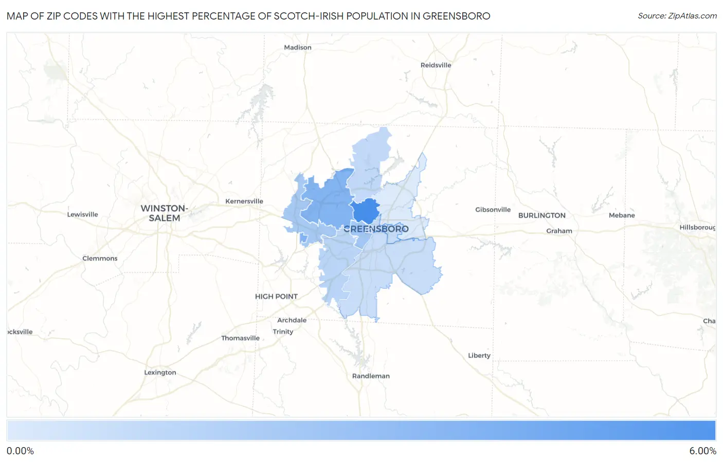 Zip Codes with the Highest Percentage of Scotch-Irish Population in Greensboro Map