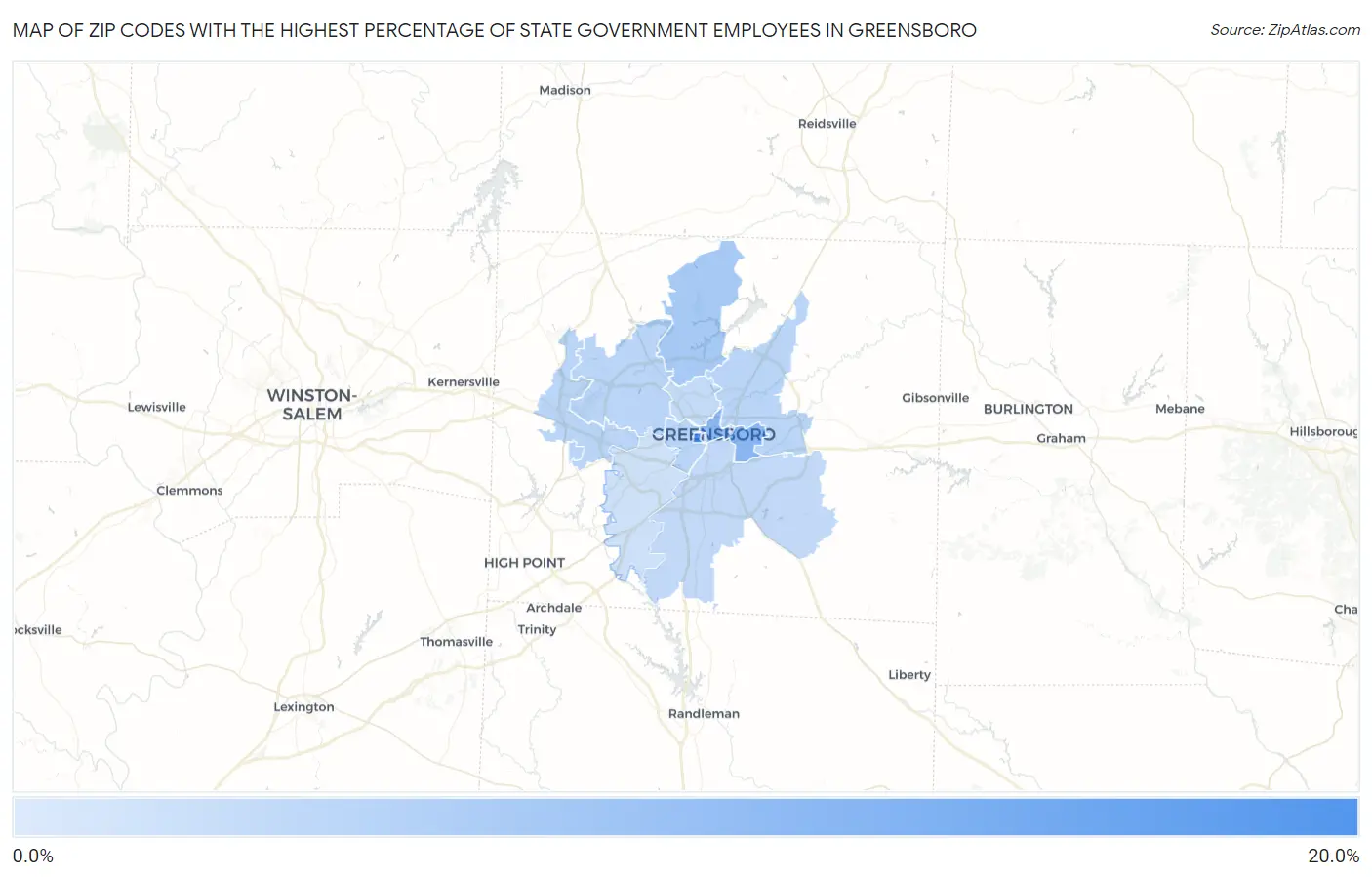 Zip Codes with the Highest Percentage of State Government Employees in Greensboro Map
