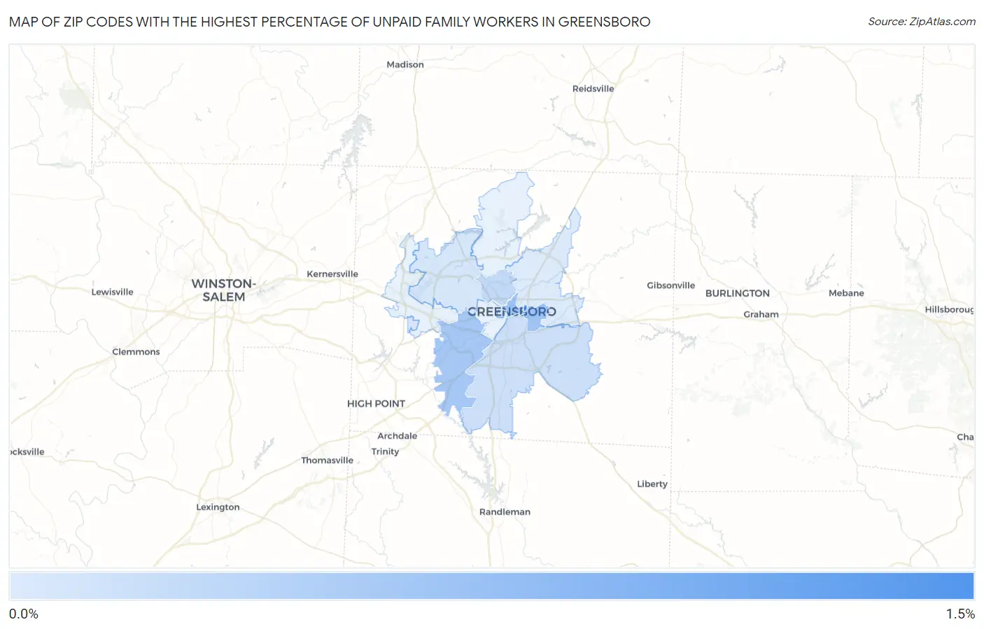 Zip Codes with the Highest Percentage of Unpaid Family Workers in Greensboro Map
