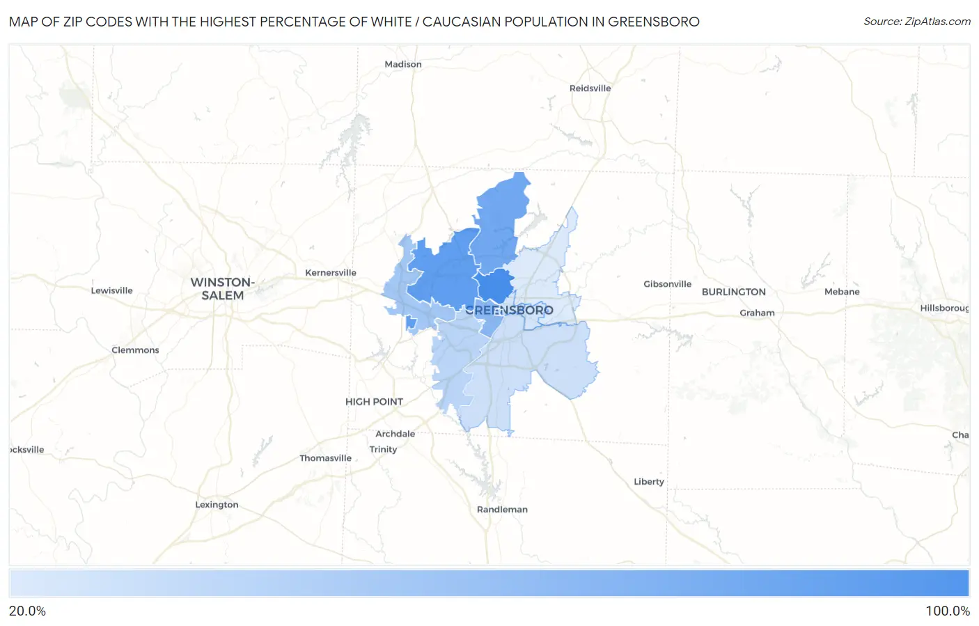 Zip Codes with the Highest Percentage of White / Caucasian Population in Greensboro Map