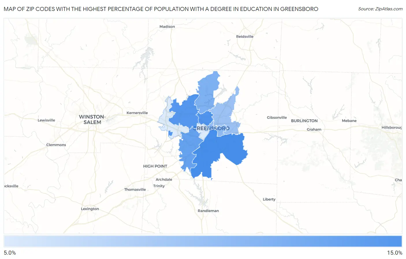 Zip Codes with the Highest Percentage of Population with a Degree in Education in Greensboro Map