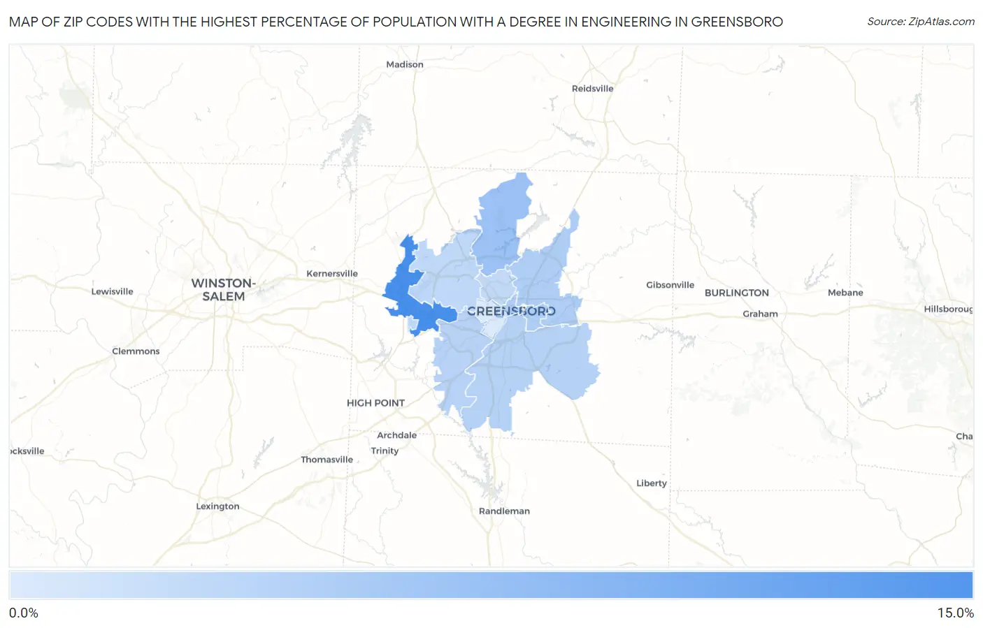 Zip Codes with the Highest Percentage of Population with a Degree in Engineering in Greensboro Map