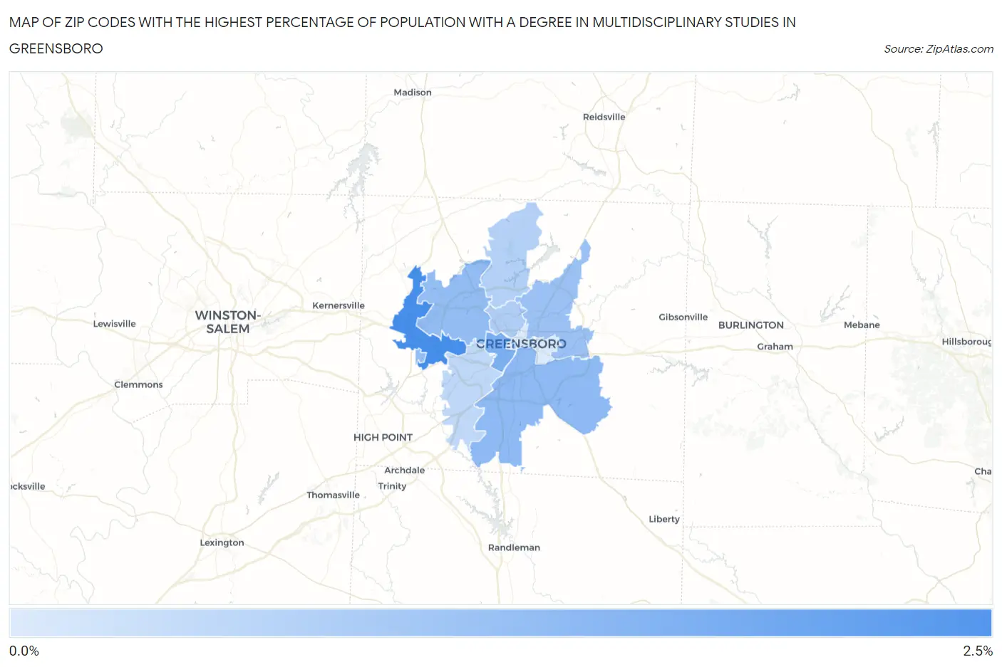 Zip Codes with the Highest Percentage of Population with a Degree in Multidisciplinary Studies in Greensboro Map