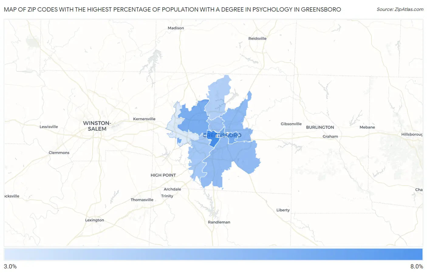 Zip Codes with the Highest Percentage of Population with a Degree in Psychology in Greensboro Map