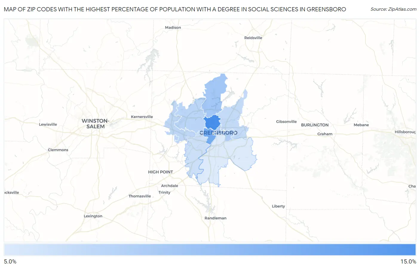 Zip Codes with the Highest Percentage of Population with a Degree in Social Sciences in Greensboro Map