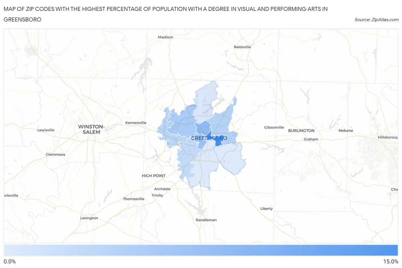 Zip Codes with the Highest Percentage of Population with a Degree in Visual and Performing Arts in Greensboro Map